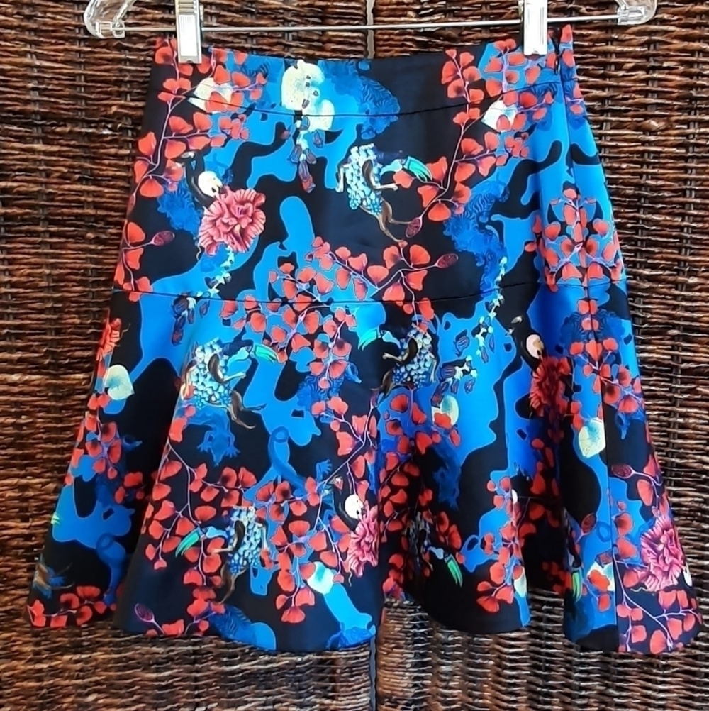 Mary Katrantzou Designer Mini Skirt Size 4 Black Tropical Bird Luxury A-Line